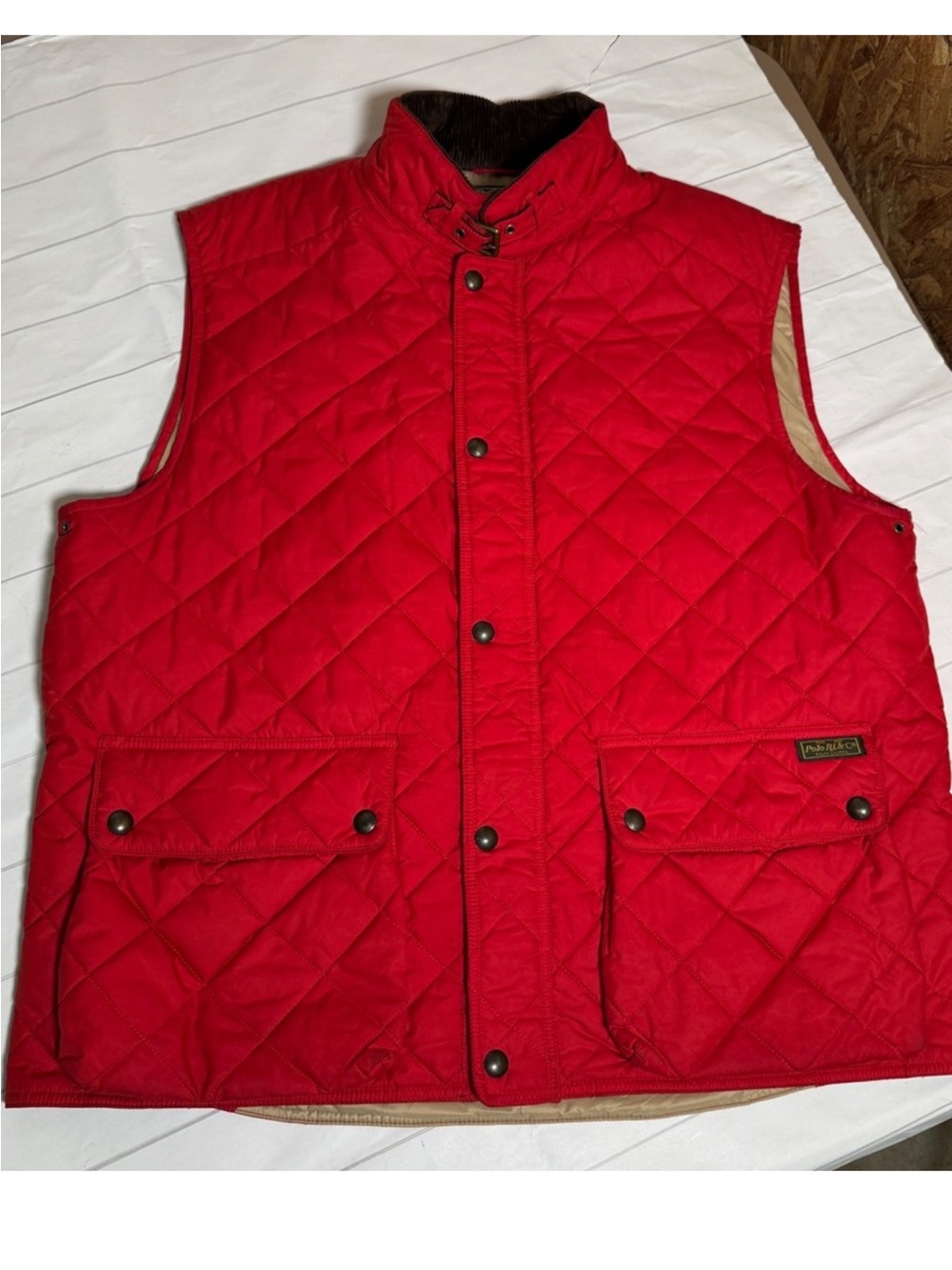 VTG Polo Ralph Lauren Red Quilted Puffer Vest Calf Suede Collar‎ Mens Jacket 2XL